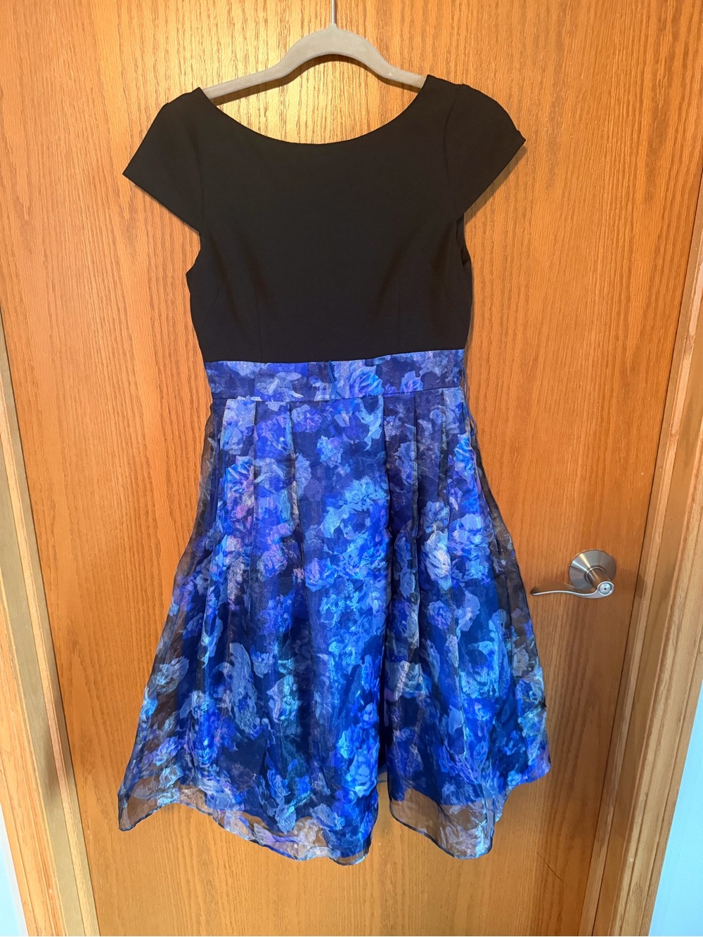 Eliza J Black Top with Blue Floral Midi Skirt Dress